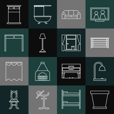 Çizgi, çiçek saksısı, masa lambası, çekmece sandığı, kanepe, zemin, tahta masa, büyük yatak ve perde ikonlu pencere. Vektör