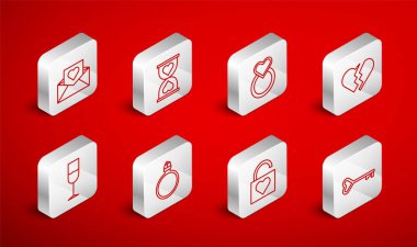 Hat anahtarını kalp şeklinde, ortadaki kum saatini, alyansları, kırık kilidi ve sevgililer günü zarfını, elmas nişan ve şarap ikonunu yerleştirin. Vektör