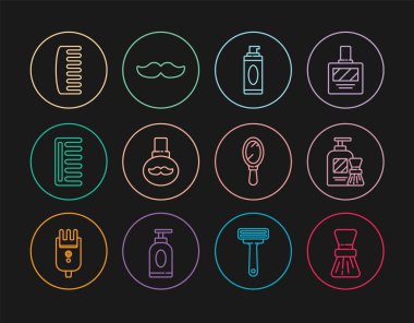 Tıraş fırçası, jöle köpüğü ve sakal bıyığı bakım yağı şişesi, saç fırçası, el aynası ve bıyık ikonu. Vektör