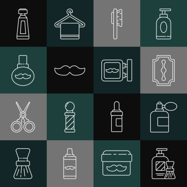 Tıraş köpüğü ve fırça, tıraş köpüğü, tıraş losyonu şişesi, traş makinesi, tıraş bıçağı jileti, saç fırçası, bıyık, bakım yağı, krem losyon kozmetik tüpü ve berber dükkanı ikonu. Vektör