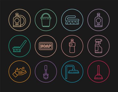 Lastik pompa, deterjan şişesi temizlik fırçası, sabun, bulaşık yıkama tabağı ve kova ikonu. Vektör