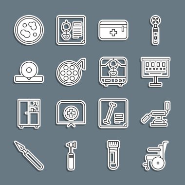 Tekerlekli sandalyeyi engelliler için ayarla, diş hekimi, göz testi çizelgesi, ilk yardım çantası, cerrahi lamba, Otolaryngological baş yansıtıcı, bakteri ve X-ray makinesi ikonlu Petri kabı. Vektör