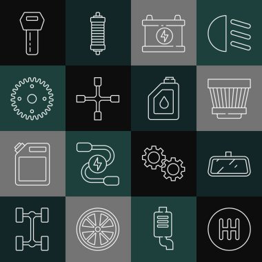 Hat değiştirici, araba aynası, hava filtresi, pil, tekerlek anahtarı, uzaktan kumandalı anahtar ve motor yağı ikonu için teneke kutu. Vektör