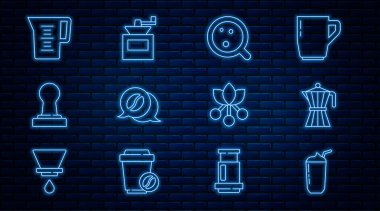 Milkshake, kahve demliği, kahve fincanı, sohbet, karıştırıcı, su, fasulye, dal ve el yapımı kahve öğütücü ikonu. Vektör