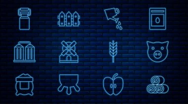 Saman rulosu, domuz, su kovası, yel değirmeni, tahıl ambarı süt, buğday ve bahçe çitleri için konteynır. Vektör