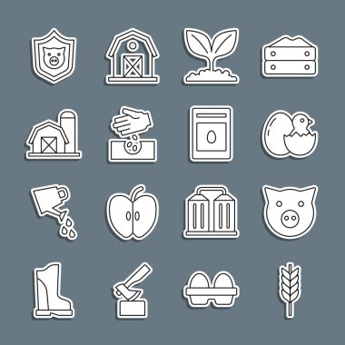 Sabit çizgi Buğday, Domuz, Kırık Yumurta, Bitki, Tohum, Çiftlik Evi, Domuzlu Kalkan ve bitki ikonu dolu bir paket tohum. Vektör