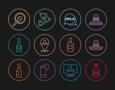 Sıra Tekila şişesi, Meksika sombrero, Hola, Tabasco sosu, Gong ve Nachos ikonu. Vektör