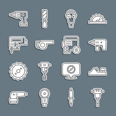 Kablosuz tornavida, elektrikli matkap, elektrikli matkap, açılı öğütücü, yapraklı bahçe üfleyicisi, yapboz, kablosuz tornavida ve elektrik jeneratörü ikonu. Vektör