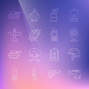 Helicopter, askeri miğfer, konum barışı, el bombası, bomba patlayıcı gezegen dünya, uçak, tank ve telsiz ikonu. Vektör