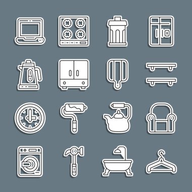 Set line Hanger wardrobe, Armchair, Empty wooden shelves, Trash can, Wardrobe, Electric kettle, Laptop and Cutting board icon. Vector