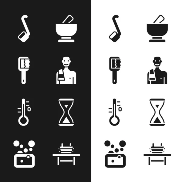 Set Man in the sauna, Sauna brush, ladle, Mortar and pestle, thermometer, hourglass, bench with bucket and Bar of soap icon. Vector — Stock Vector