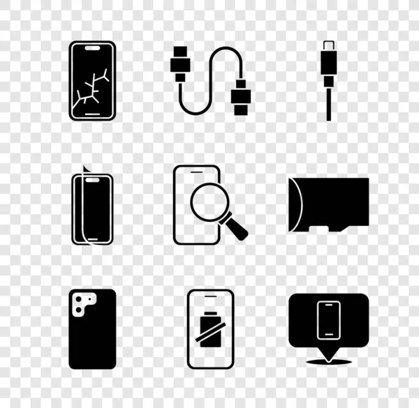 Встановіть мобільний зі зламаним екраном, USB-кабель, смартфон, заряд акумулятора, послугу по ремонту телефону, захист скла та значок. Векторні — стоковий вектор