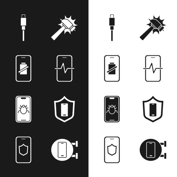 Set Phone repair service, Smartphone battery charge, USB cable cord, Hammer, System bug mobile, Mobile with shield, and icon. Vector — Stock Vector