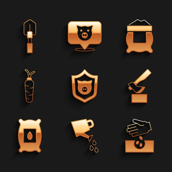 Set Shield with pig, Watering can, Seeds, Wooden axe, Pack full of seeds of plant, Karotka, Bag mouka a Shovel icon. Vektor — Stockový vektor