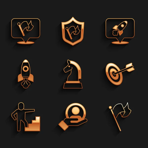Set Chess, Hand for search a people, Flag, Target, Stair with finish flag, Rocket ship, and icon. Vector — стоковый вектор