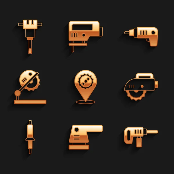 Set Kreissägeblatt, Elektroschleifer, Bohrmaschine, Kreissäge, Lötkolben, Tisch für Holzarbeiten, Akkuschrauber und Bau Presslufthammer Symbol. Vektor — Stockvektor