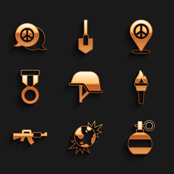 Set Military helmet, Bomb explosive planet earth, Hand grenade, Torch flame, M16A1 rifle, reward medal, Location peace and Peace icon. Vector — Stock vektor