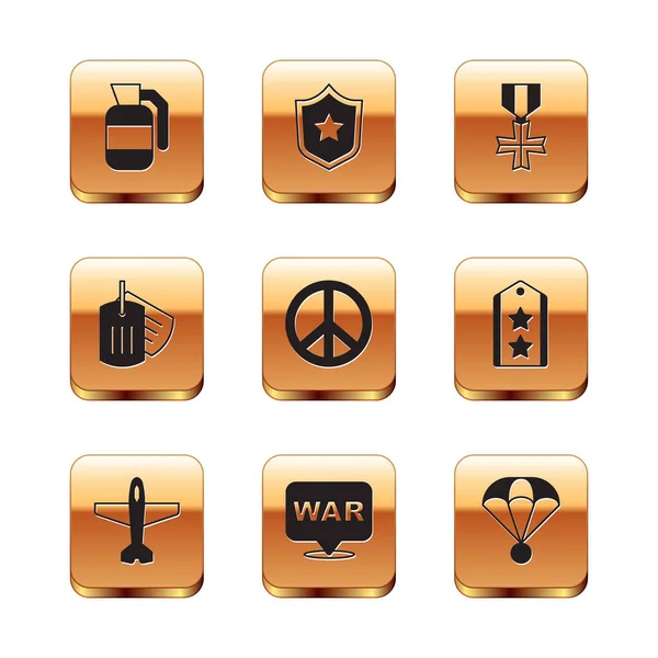 Set Hand grenade, Plane, The word war, Peace, Military dog tag, reward medal, Parachute and Police badge icon. Vector — стоковый вектор