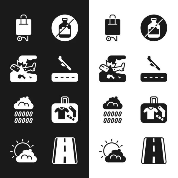 Set Plane landing, crash, Suitcase, No alcohol, Cloud with rain, Airport runway and Sun cloud weather icon. Vector — Image vectorielle