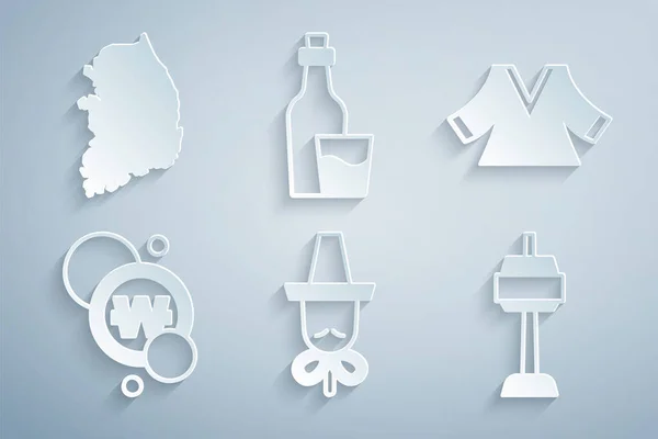 Koreaanse hoed, Kimono, Zuid-won munt, N Seoul toren, Soju fles en kaart pictogram. Vector — Stockvector