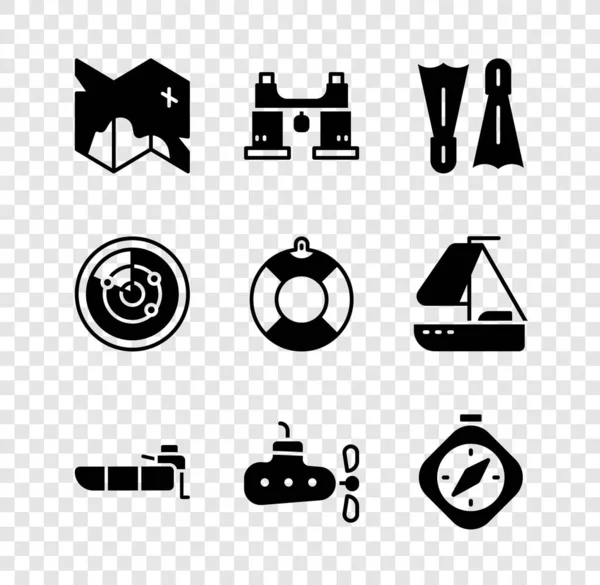 Set Pirate treasure map, Binoculars, Flippers for swimming, Inflatable boat with motor, Submarine, Compass, Radar targets and Lifebuoy icon. Vector — Stockvektor