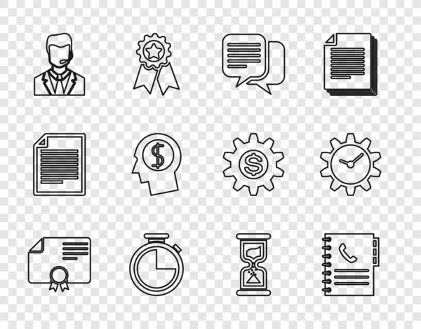 Set line Certificate template, Phone book, Chat, Stopwatch, Man with headset, Business man planning mind, Old hourglass and Time Management icon. Vector — Stockvector