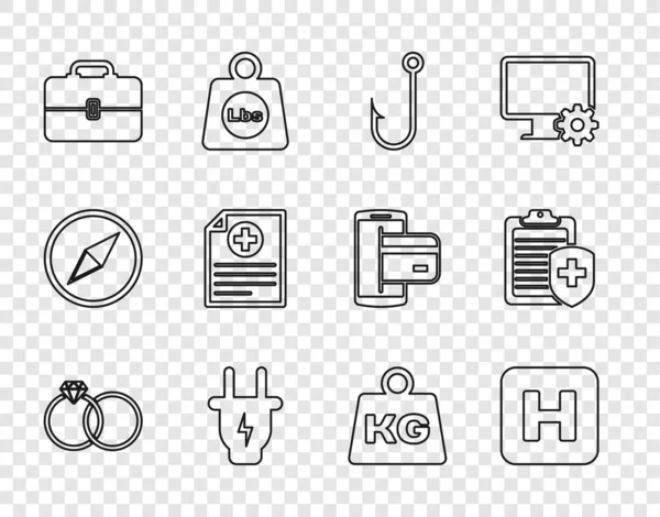 Set line Wedding rings, Hospital, Fishing hook, Electric plug, Toolbox, Clinical record, Weight and Clipboard with medical insurance icon. Vector — Stock vektor