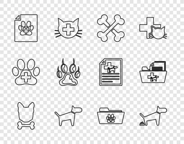 Set line Dog and bone, pooping, Crossed bones, Medical certificate for dog or cat, Paw print, veterinary record folder and icon. Vector — Vetor de Stock