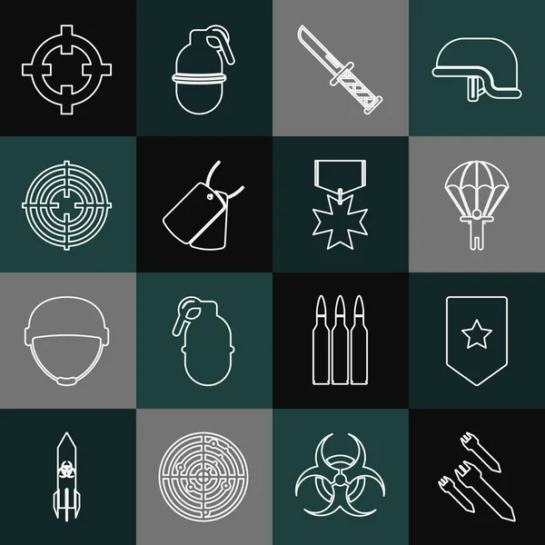 Set line Rocket, Chevron, Parachute, Military knife, dog tags, Target sport, and reward medal icon. Vector — Archivo Imágenes Vectoriales