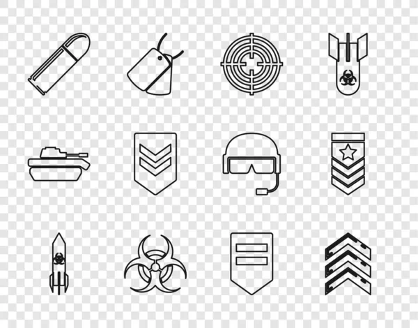Set line Biohazard rocket, Military rank, Target sport, symbol, Bullet, Chevron, and icon. Vector — Stock Vector