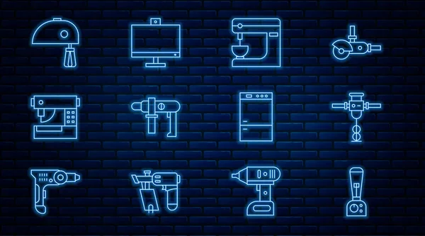 Set line Blender, Construction jackhammer, Electric mixer, drill machine, Sewing, Refrigerator and Computer monitor icon. Vector — Stockový vektor