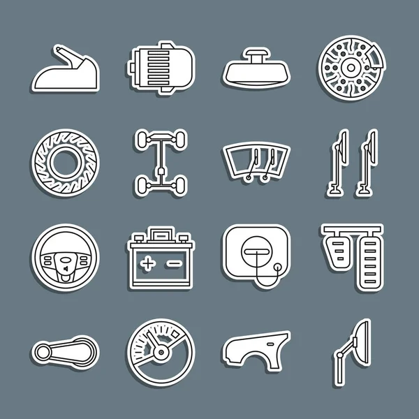 Set line Windscreen wiper, Car gas and brake pedals, mirror, Chassis car, tire, handbrake and icon. Vector — Image vectorielle