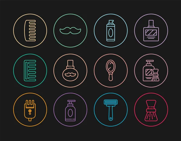 Tıraş fırçası, jöle köpüğü ve sakal bıyığı bakım yağı şişesi, saç fırçası, el aynası ve bıyık ikonu. Vektör