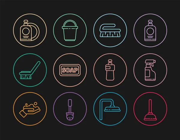 Lastik pompa, deterjan şişesi temizlik fırçası, sabun, bulaşık yıkama tabağı ve kova ikonu. Vektör