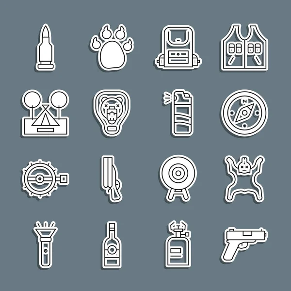 Set line Pistol or gun, Bear skin, Compass, Hiking backpack, head on shield, Tourist tent, Bullet and Pepper spray icon. Vector — Vetor de Stock