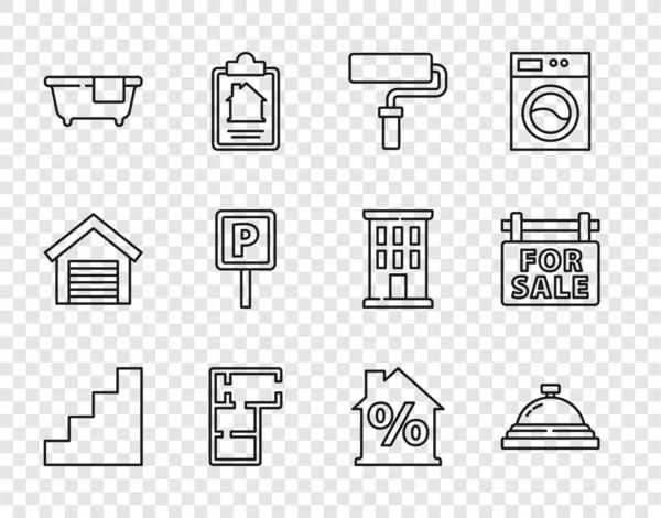 Set line Staircase, Hotel service bell, Paint roller brush, House plan, Bathtub, Parking, with percant discount and Hanging sign For Sale icon. Vector — Stockvektor
