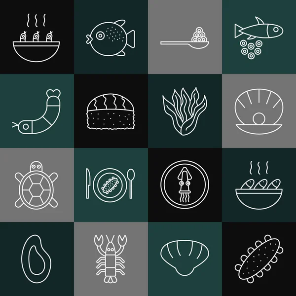 Set line Sea cucumber, Fish soup, Shell with pearl, Caviar on spoon, Sushi, Shrimp, Soup shrimps and Seaweed icon. Vector — 스톡 벡터