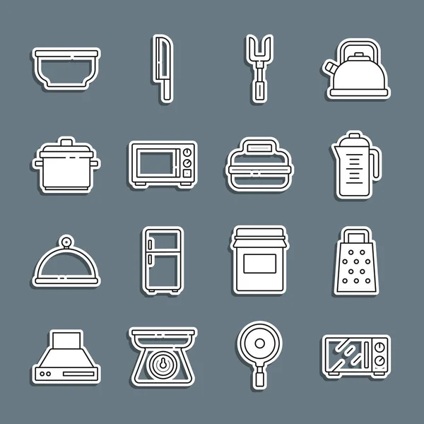 Set line Microwave oven, Grater, Teapot, Barbecue fork, Cooking, Bowl and icon. Vector — Stock Vector