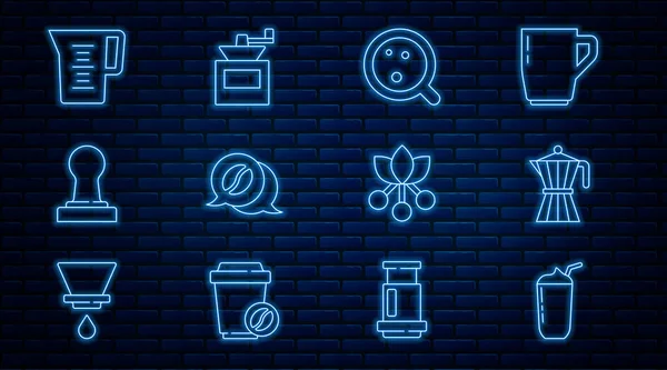 Milkshake, kahve demliği, kahve fincanı, sohbet, karıştırıcı, su, fasulye, dal ve el yapımı kahve öğütücü ikonu. Vektör