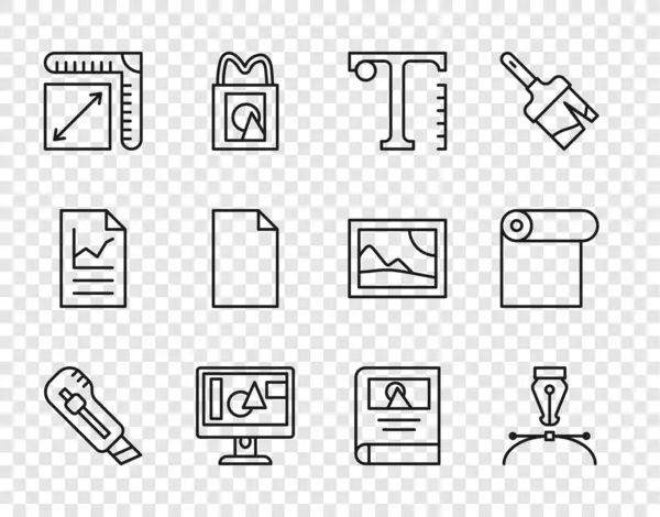Set line Stationery knife, Fountain pen nib, Text, Computer monitor screen, Paper size, Empty document, Photo album gallery and Roll of paper icon. Vector — Archivo Imágenes Vectoriales