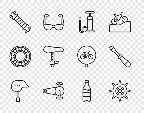 Set line Fahrradhelm, Kettenradkurbel, Luftpumpe, Kette mit Getriebe, Federung, Sitz, Sportflasche Wasser und Schraubenzieher-Symbol. Vektor — Stockvektor