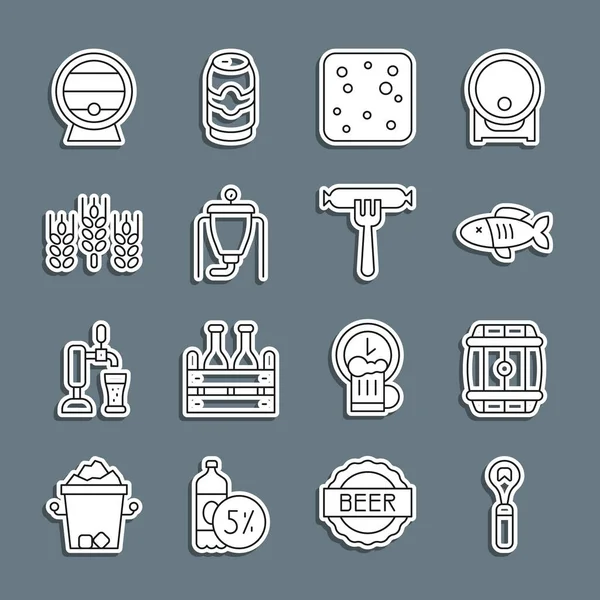 Set line Bottle opener, Wooden barrel, Dried fish, Beer bubbles, brewing process, Wheat, on rack and Sausage the fork icon. Vector — Vettoriale Stock