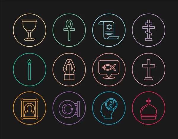 Set line Church tower, Christian cross, Torah scroll, Hands in praying position, Burning candle, Holy grail chalice, fish and Cross ankh icon. Vector — Stockvektor