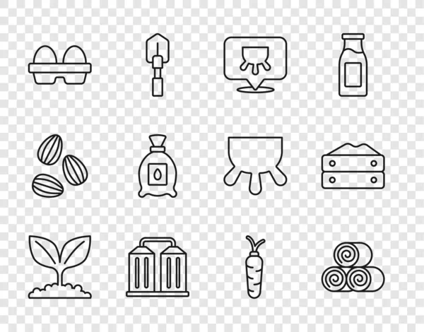 Set line Plant, Roll of hay, Udder, Granary, Chicken egg in box, Pack full seeds plant, Carrot and Bag flour icon. Vector — Stockový vektor