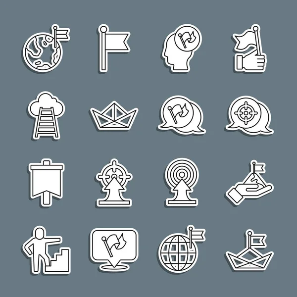 Çizgili kağıt tekne, bayrak taşıyan dağlar, el ele tutuşmalar, merdiven bitirme, Planet and Flag ikonu. Vektör