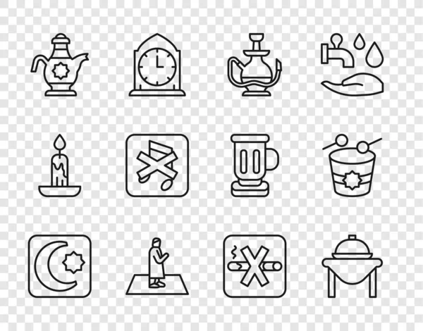 Set line Star and crescent, Table food, Hookah, Muslim man prays, Islamic teapot, Speaker mute, No Smoking and Ramadan drum icon. Vector — Stockvektor