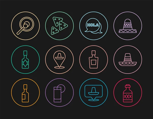 Sıra Tekila şişesi, Meksika sombrero, Hola, Tabasco sosu, Gong ve Nachos ikonu. Vektör