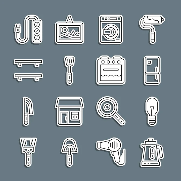 Set line Electric kettle, Light bulb, Refrigerator, Washer, Spatula, Empty wooden shelves, extension and Oven icon. Vector — Vettoriale Stock