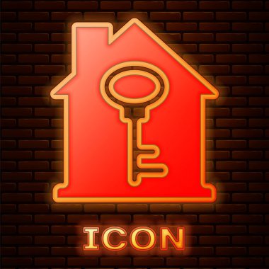 Glowing neon House with key icon isolated on brick wall background. The concept of the house turnkey. Vector