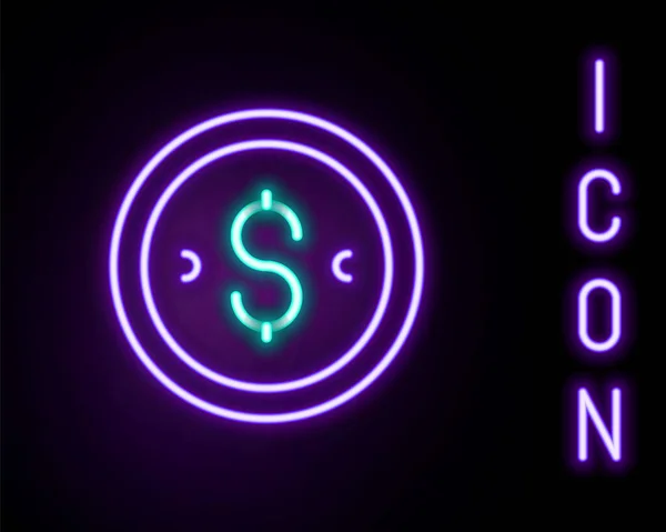 Gloeiende neon lijn Muntgeld met dollarsymbool pictogram geïsoleerd op zwarte achtergrond. Bancaire munt teken. Contant symbool. Kleurrijk concept. Vector — Stockvector